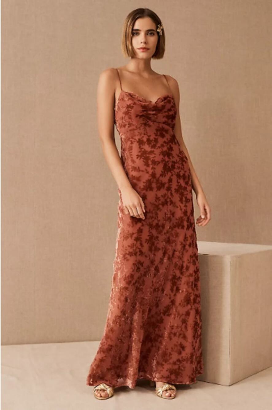 Jenny Yoo Rory Velvet Maxi Dress Sz 8 Rust Floral Burnout Cowl Neck Formal Gown